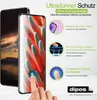 A marketing image showcasing a phone screen protector with feature callouts. Produktbild-Vorschau