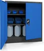 A blue and gray metal cabinet with its doors open, showing storage bins and plastic containers inside. Voir les images du produit