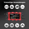 A red and black battery charger is shown in the center, with icons representing various vehicles and applications above and below it. Produktbild-Vorschau