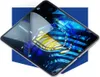 A tablet with a screen protector being applied, set against a blue geometric background. Produktbild-Vorschau