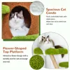 A collage of images showcasing a cat tree with a cat inside a condo and on a platform, along with descriptive text about its features. Produktbild-Vorschau