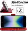 A red flip case for a smartphone is shown in two configurations: open and closed, with text describing its stand function. Anteprima dell’immagine prodotto