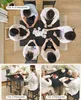 A collage of images showing a black dining table set up for different numbers of people, with some people playing cards or eating. Produktbild-Vorschau