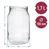 A clear, well-lit studio shot of a glass jar with measurement indicators and capacity information displayed on the right. Podgląd zdjęcia produktu