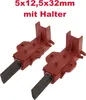 Two red motor brushes with black carbon inserts, presented on a white background with text above. Produktbild-Vorschau