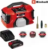 A collage of product images and marketing badges for an Einhell battery-powered compressor. Produktbild-Vorschau