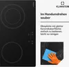 A close-up of a black glass ceramic stovetop with two heating zones, alongside marketing text and a small inset image showing a hand cleaning the stovetop. Produktbild-Vorschau