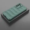 A green phone case with a ribbed texture is displayed on a dark gray platform. Produktbild-Vorschau