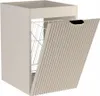 A rendering of a bathroom cabinet with a laundry basket inside and a slatted door partially open.