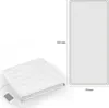 A folded white electric blanket with a controller attached, shown next to a diagram indicating its dimensions. Produktbild-Vorschau