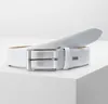 A white leather belt with a silver buckle is displayed on a white surface. Produktbild-Vorschau