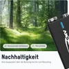 A battery is shown in the foreground against a backdrop of a sunlit forest, with text promoting sustainability. Produktbild-Vorschau