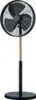 A black standing fan with a wooden pole against a white background. Voir les images du produit