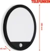 A product shot of a black circular LED outdoor light with a motion sensor, showing dimensions. Produktbild-Vorschau