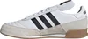 A side view of a white Adidas sneaker with black stripes and tan accents. Produktbild-Vorschau