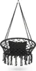 A black macrame hanging chair with a black cushion, suspended by ropes against a white background. Voir les images du produit