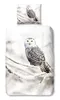 A duvet cover and pillowcase set featuring a snowy owl perched on a snow-covered branch. Produktbild-Vorschau
