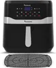 A black and silver air fryer with a digital display and a separate cooking rack shown below it, presented on a white background. Produktbild-Vorschau