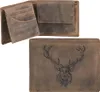 A brown leather wallet with a deer head embossed on the front is shown, along with an open view of its interior. Produktbild-Vorschau
