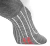 A close-up view of a grey sock with white stripes and red lettering. Produktbild-Vorschau
