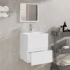 A white bathroom vanity with a mirror and a partially open drawer, set against a tiled wall. Náhľad obrázku produktu