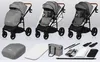 A collage of a grey baby stroller in different configurations and its accessories, displayed against a light gray background. Anteprima dell’immagine prodotto