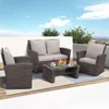 A patio set with a sofa, two chairs, and a coffee table on a wooden deck with a white wall and blue sky in the background. Produktbild-Vorschau