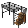 A black metal loft bed with wooden steps against a white background. Anteprima dell’immagine prodotto