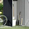 Gardening tools and a bicycle are stored next to a dark gray shed. Podgląd zdjęcia produktu