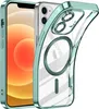 A clear phone case with a green metallic border is shown on a white background, with a phone partially visible behind it. Produktbild-Vorschau