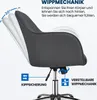 A close-up view of a gray office chair, highlighting its reclining mechanism and anti-tip feature with German text and diagrams. Produktbild-Vorschau