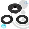Three black plumbing components, likely washers and a nut, are arranged on a white and gray background. A logo and text are visible in the upper right corner, and a circular badge with text and an icon is in the lower left. Produktbild-Vorschau