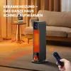 A tall, black ceramic heater with an orange glowing element is placed on a rug in a living room. A remote control is held by a hand in the foreground. Text overlays describe the product's features. Náhľad obrázku produktu