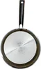 The bottom view of a stainless steel frying pan with a black handle, set against a white background. Anteprima dell’immagine prodotto