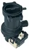 A black washing machine drain pump is shown against a white background. Produktbild-Vorschau