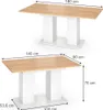 Two views of a dining table, one showing its extended length and the other its retracted length with dimensions. Voir les images du produit