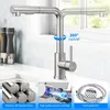 A kitchen faucet is shown in a kitchen setting with close-up insets highlighting its features. Produktbild-Vorschau