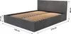 A dark gray upholstered bed frame with a slatted mattress base, shown from a diagonal angle with dimensions indicated by measurement lines and text. Produktbild-Vorschau