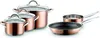 A set of copper-colored cookware including pots and a frying pan, displayed on a white background. Anteprima dell’immagine prodotto