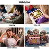 Collage of four images showing children using a pink tablet in different scenarios: learning, video calling, listening to music, and on a beach. Produktbild-Vorschau