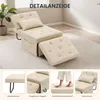 A collage of images showing a beige convertible sofa bed and its features, including its metal frame, magnetic closure, foam mattress, and extra pillow. Náhled obrázku produktu