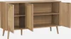 An open wooden sideboard with rattan details on the doors, showing its interior shelves. Anteprima dell’immagine prodotto