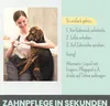 A woman is holding a bottle of dental spray and a dog is licking her hand, with instructions on how to use the product. Produktbild-Vorschau