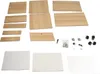 A collection of unassembled parts for a mobile filing cabinet, including wooden panels, screws, keys, locks, and casters, laid out on a white background. Anteprima dell’immagine prodotto
