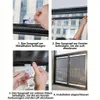 Vierteilige Collage, die zeigt, wie man eine schwarze Mesh-Fensterschutzblende mit Saugnäpfen anbringt Náhľad obrázku produktu
