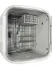 Interior view of a white table-top dishwasher with a metal rack and a small fan visible. Produktbild-Vorschau