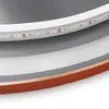 Close-up view of a circular mirror with LED lights and a copper accent. Produktbild-Vorschau