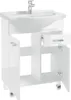 A white bathroom vanity with a sink and faucet, shown with the cabinet doors and drawer open. Podgląd zdjęcia produktu