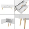 A collage of four images showing different views of a white TV stand with wooden legs and drawers. Anteprima dell’immagine prodotto