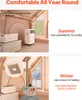 The image shows two scenarios for using a tent: one for summer with an air conditioner and one for winter with a stove. Produktbild-Vorschau